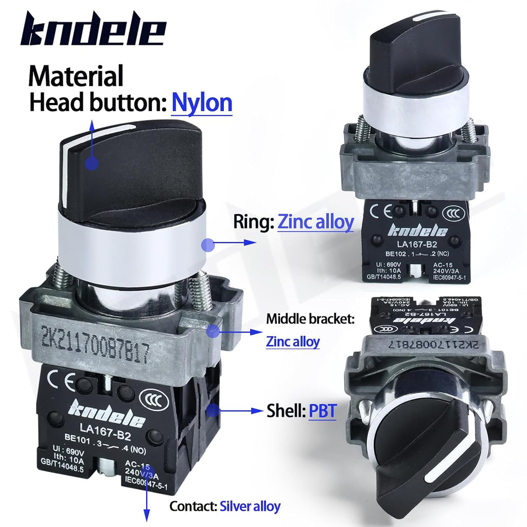10Amp 22mm 2 Position Rotary Selector Switch 10A 660VAC SPDT 1NO 1NC Latching, IP65 Waterproof, 7/8" Panel Mount Industrial Switch