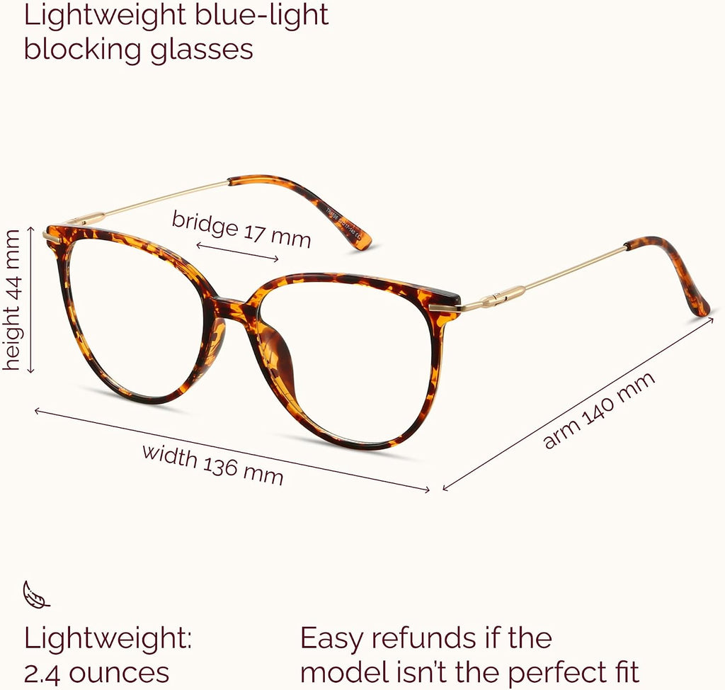 Round Blue Light Blocking Glasses | UV400 Protection, Round TR90 Frames, Metal Arms, Matching Soft Case, Tea Leopard