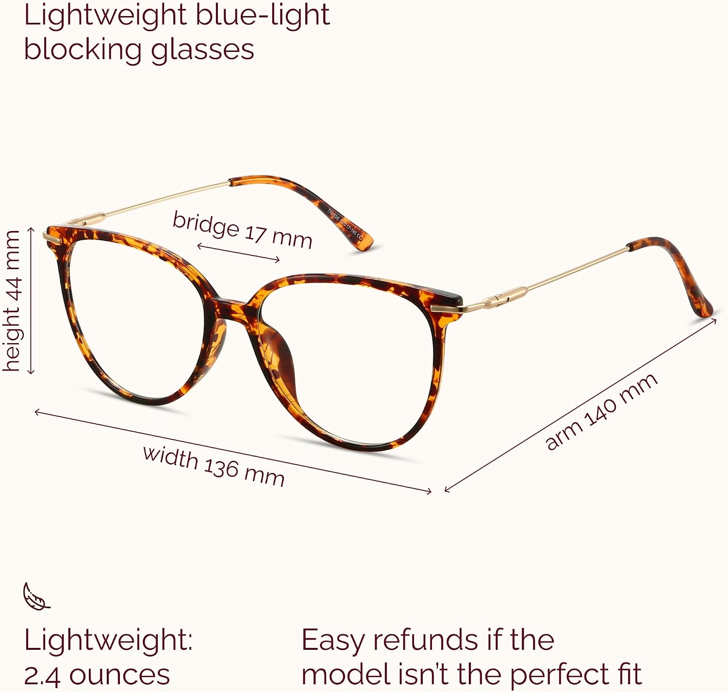 Round Blue Light Blocking Glasses | UV400 Protection, Round TR90 Frames, Metal Arms, Matching Soft Case, Tea Leopard