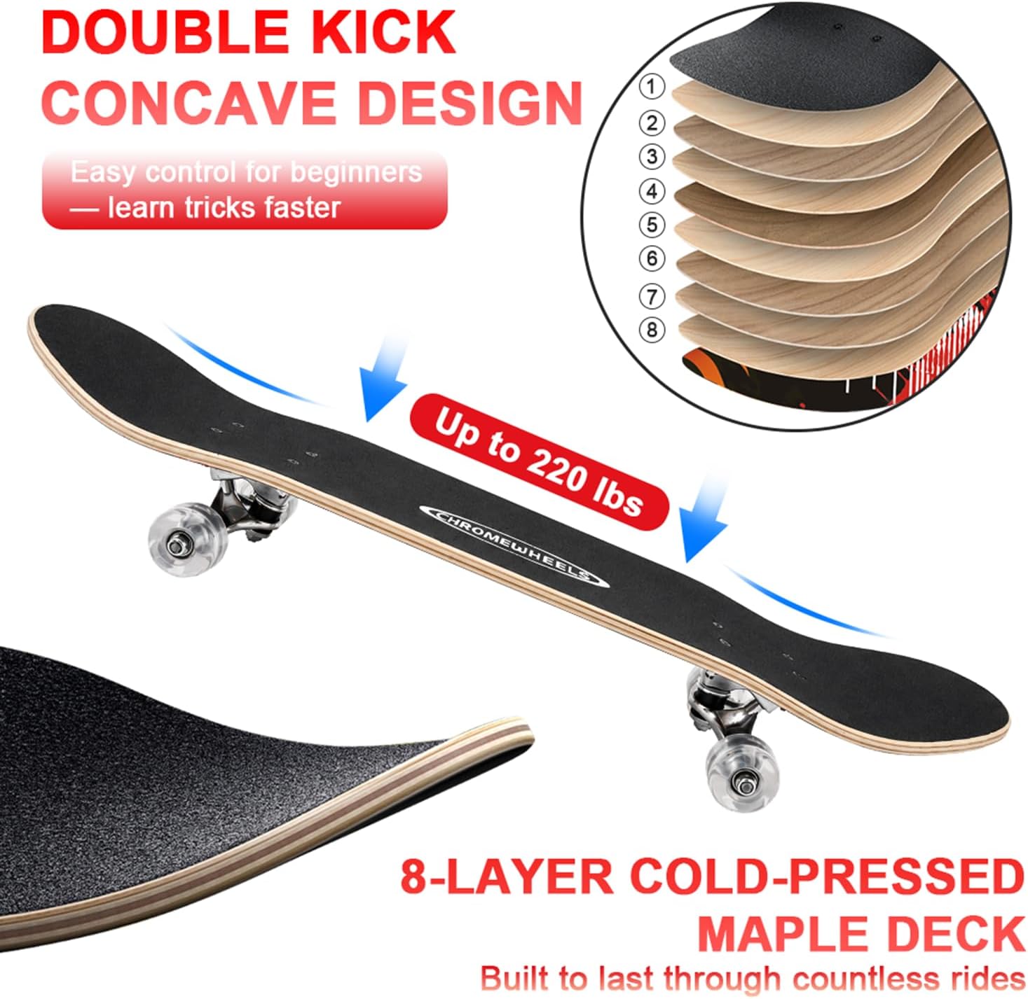 31 inch Skateboard Double Kick Skate Board Cruiser Longboard 8 Layer Maple Deck Skateboards for Kids and Beginners