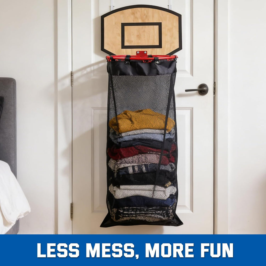 Basketball Laundry Hamper, Over The Door Hoop with Laundry Basket, Sports-Themed Hamper Organizer Set with Backboard