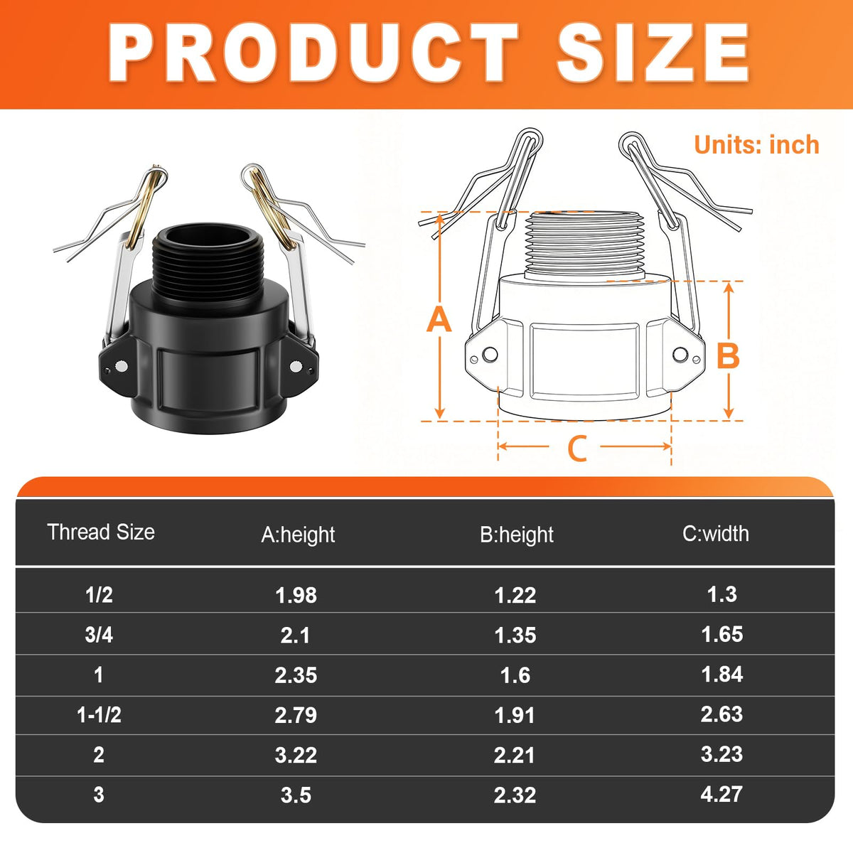 Gasher 3PCS 1/2" Type B Polypropylene Camlock Fitting, Female x Male Thread