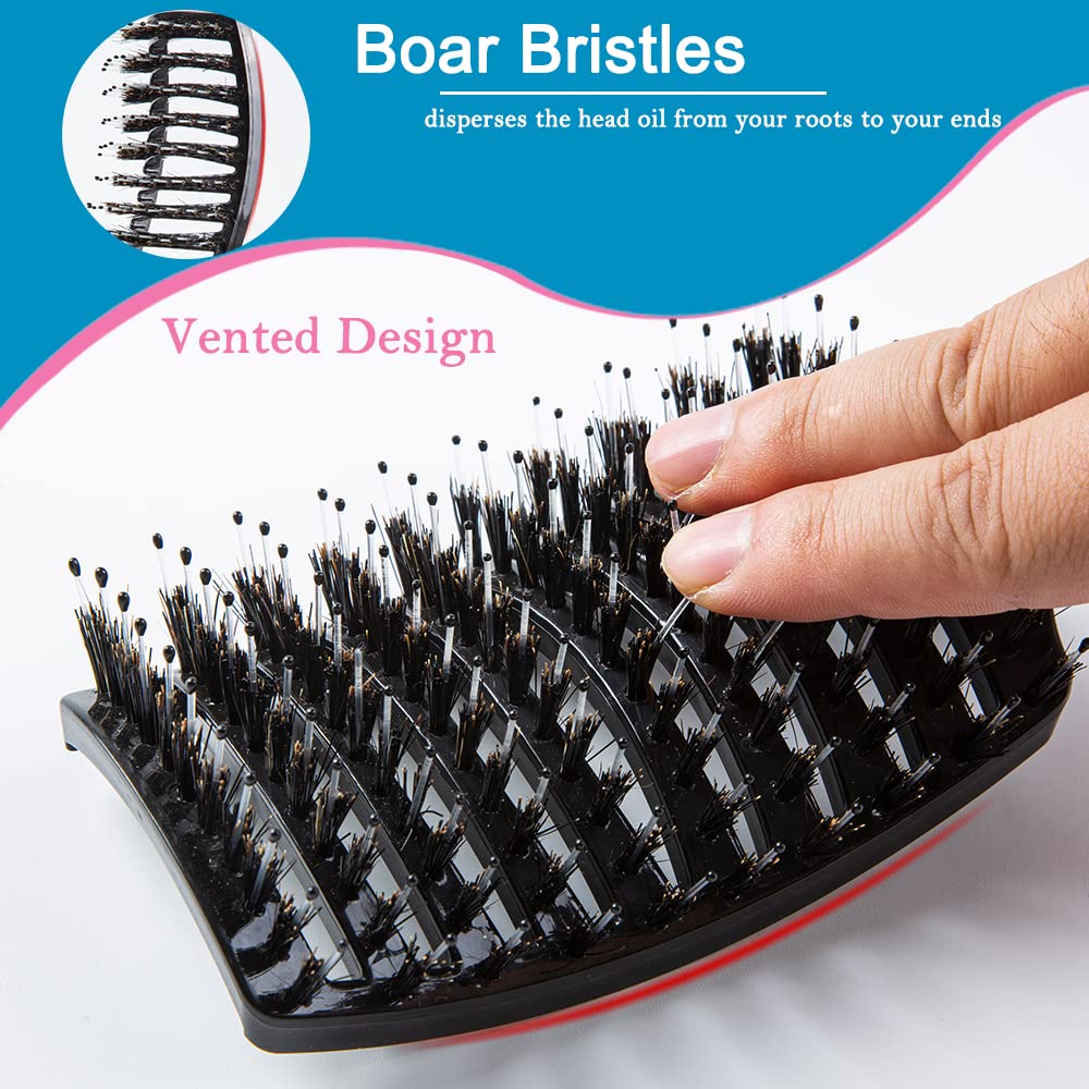 Boar Bristle Hair Brush Set - Dry/Wet Hair Brushes Detangler for Fine, Thick, Curly Hair - Curved and Vented Hair