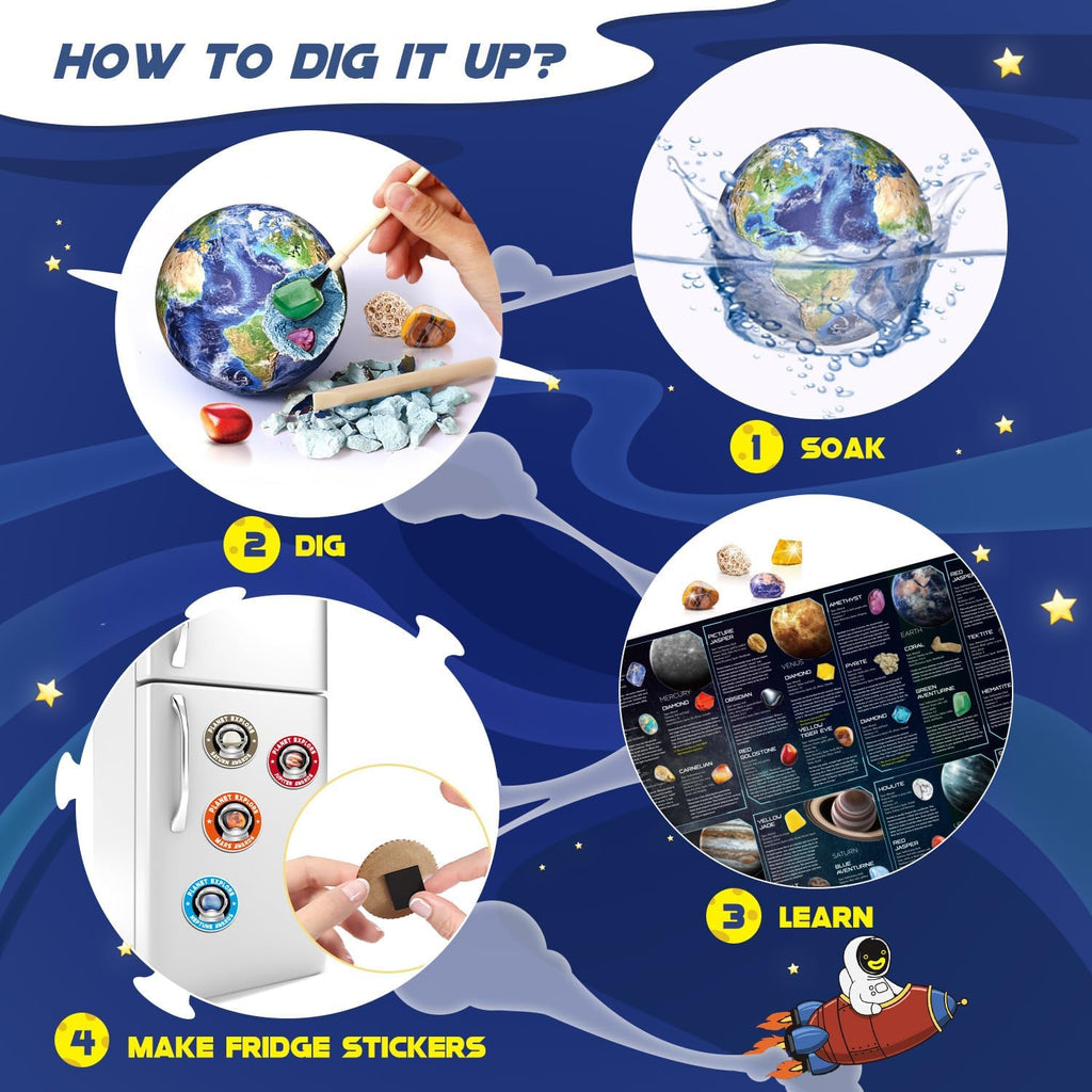 Gemstone Dig Kit - 40 Real Gems & Crystals, STEM Toy for Kids 6+ | 8 Planets Solar System Digging Kit, Mining Tools &