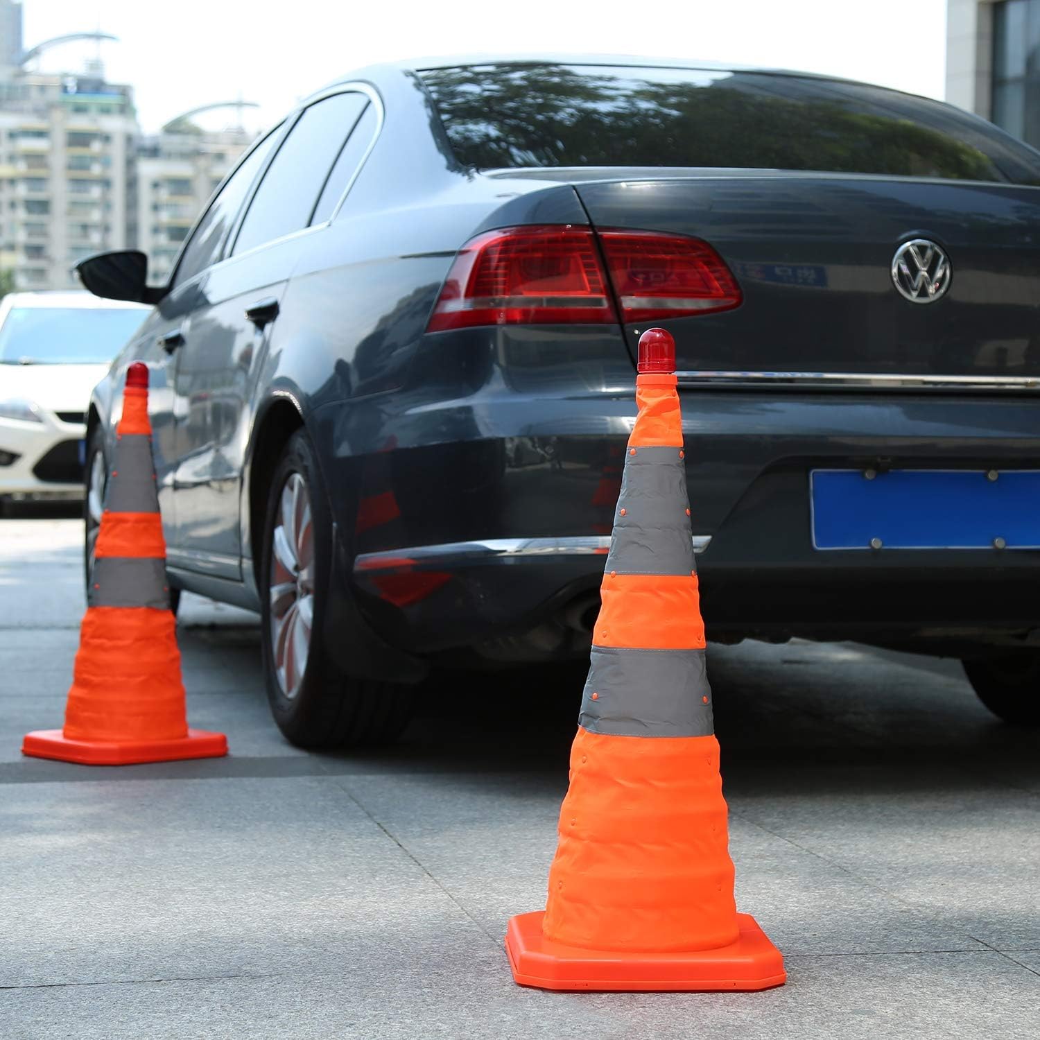 4 Pack 28 inch Collapsible Traffic Cones with LED Light Orange | Orange Collapsible Traffic Cones with Reflective