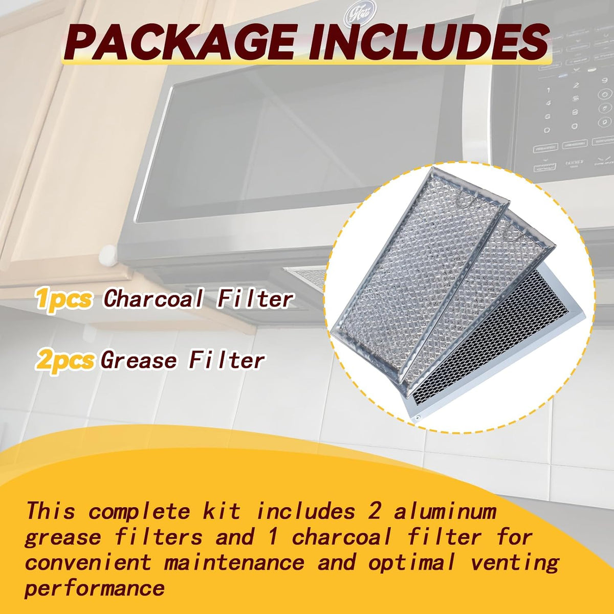 Microwave Filter Replacement - 3 Pcs Charcoal and Grease Filter Kit Compatible with GE Models JVM6175YK5FS, JVM6175SK5SS, JVM6175DK5BB, JVM6175DK5WW| Effective Odor Elimination