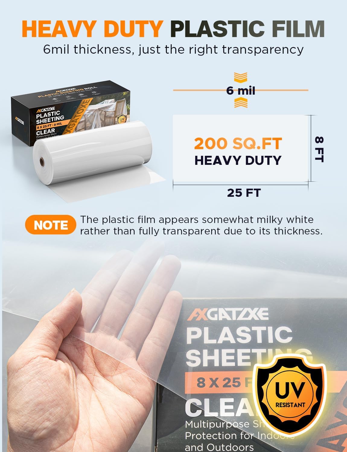 6 Mil 8x25 FT Heavy Duty Greenhouse Plastic Sheeting, 1-Roll