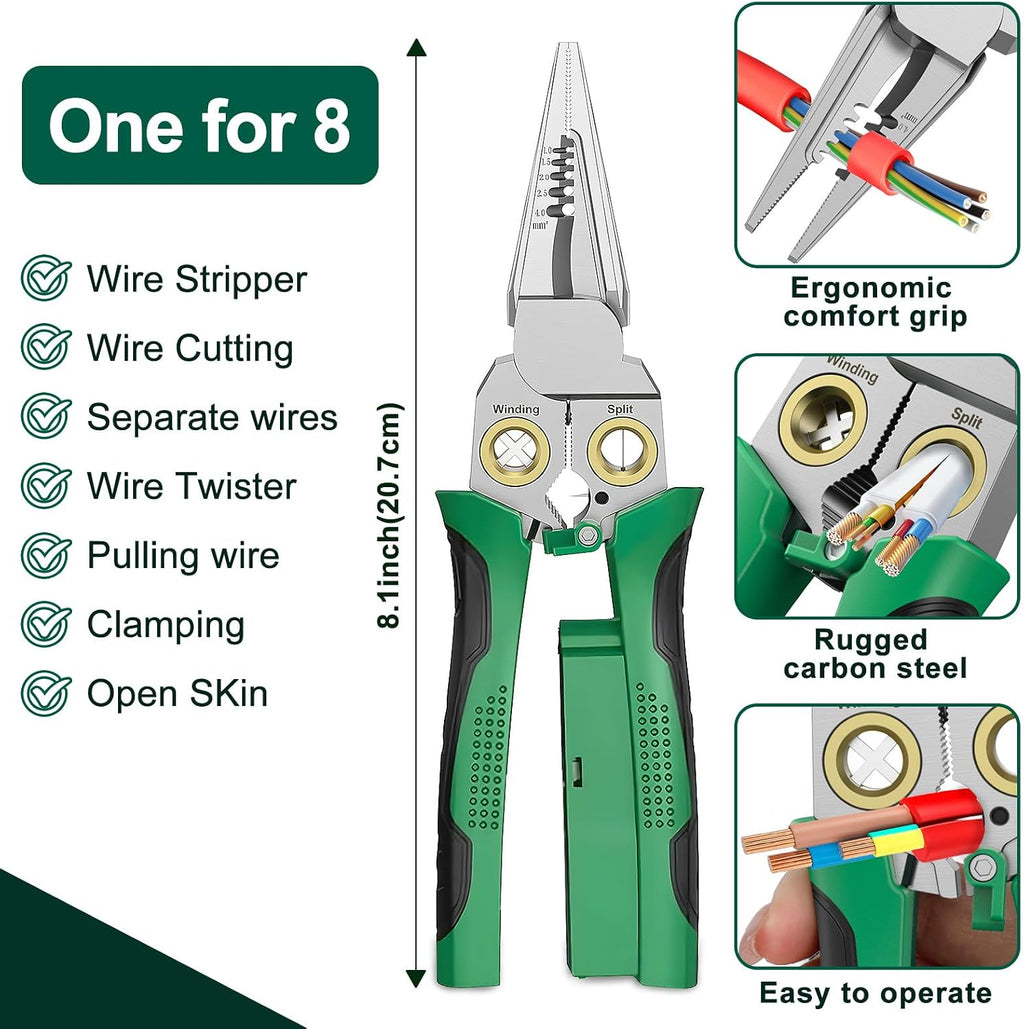 Pro 8-in-1 Wire Stripper/Cutter with Voltage Tester & Dual Alarms - Heavy Duty 12-250V AC/DC Electrical Tester for