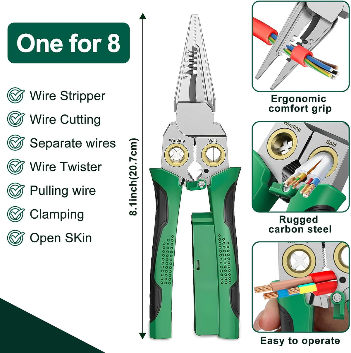 Pro 8-in-1 Wire Stripper/Cutter with Voltage Tester & Dual Alarms - Heavy Duty 12-250V AC/DC Electrical Tester for