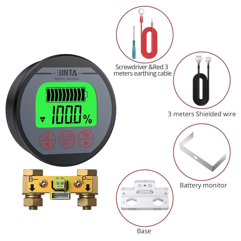 Battery Monitor with Shunt 8-120V 0-500A Voltmeter Ammeter Backlight | Voltage Current Meter, Waterproof Battery