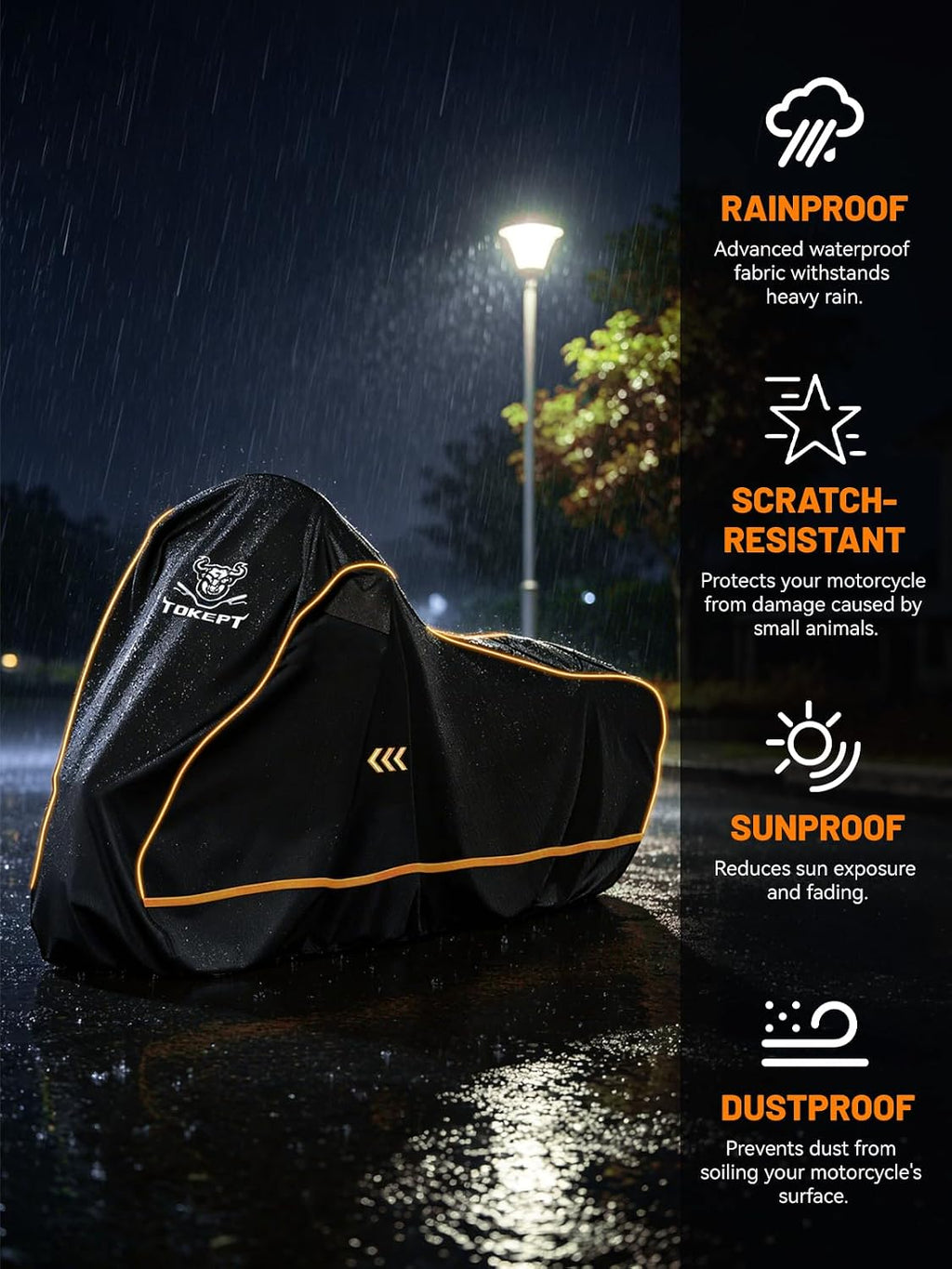 Full Enclosed Motorcycle Cover, 600D Heavy Duty Waterproof Motorcycle Cover with Reflective Strips & Vents, Fits Fits