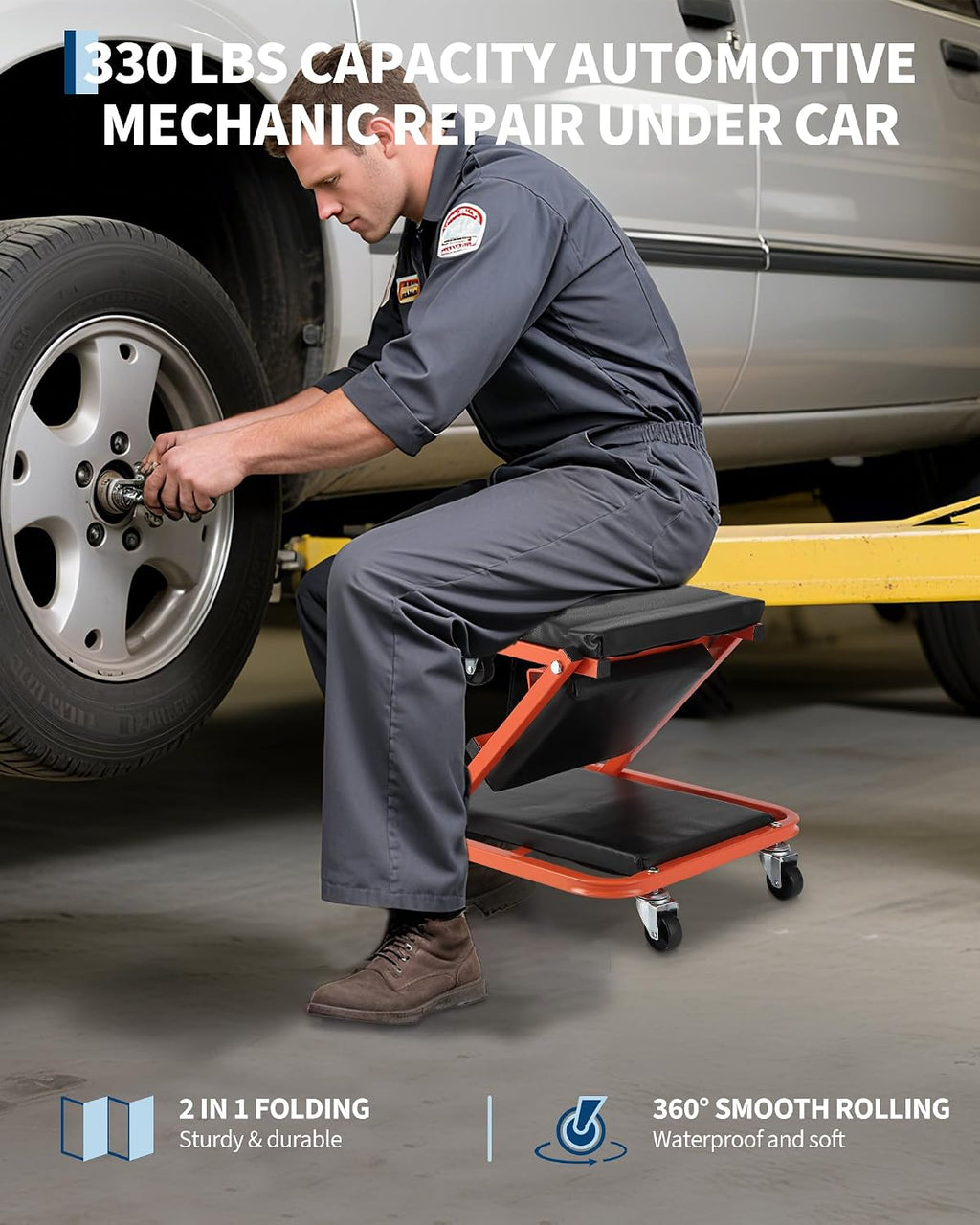2-in-1 Folding Z-Style Mechanic Creeper Seat – Heavy Duty Garage Workshop Chair – 6 Swivel Wheels – 330 lbs Capacity