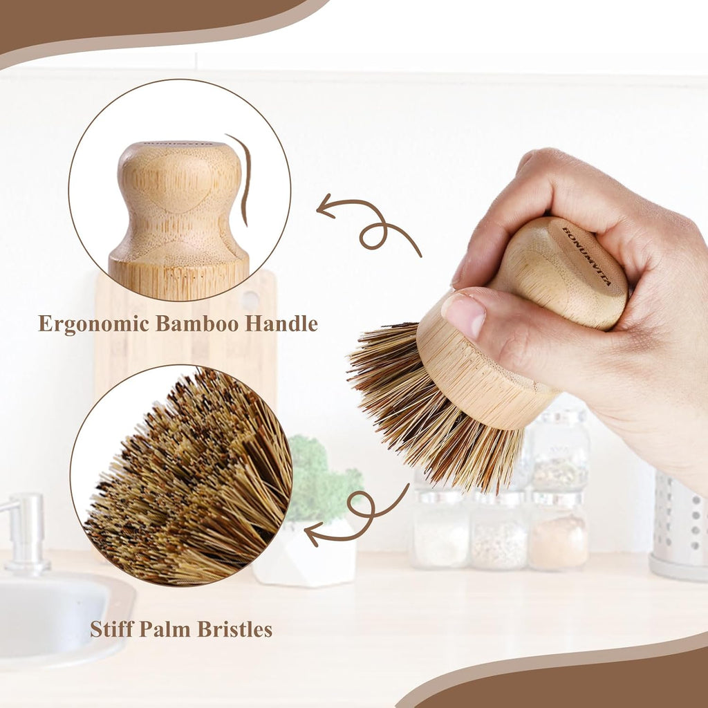 4-Pack Bamboo Dish Brush with Palm Fiber