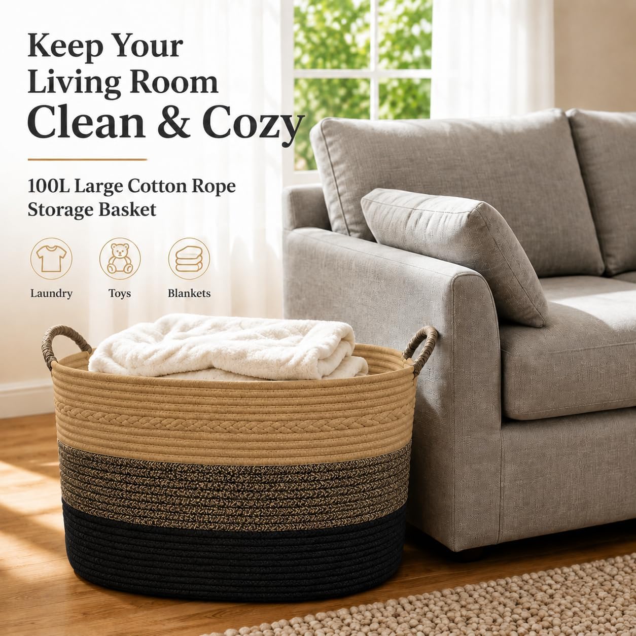 Large Laundry Hamper Basket, 100L Cotton Rope Woven Storage Bin for Blankets, Dirty Clothes Toys, Decorative Tall