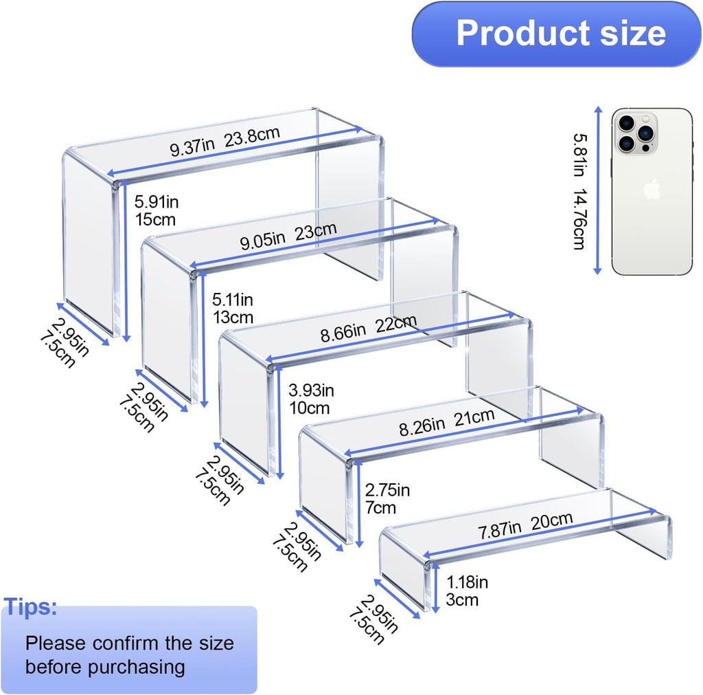 OVNTHYK Acrylic Risers 10 Pcs (2 Sets), Clear Display Stands, 5 Sizes | Tiered Display, Clear Acrylic Stands for