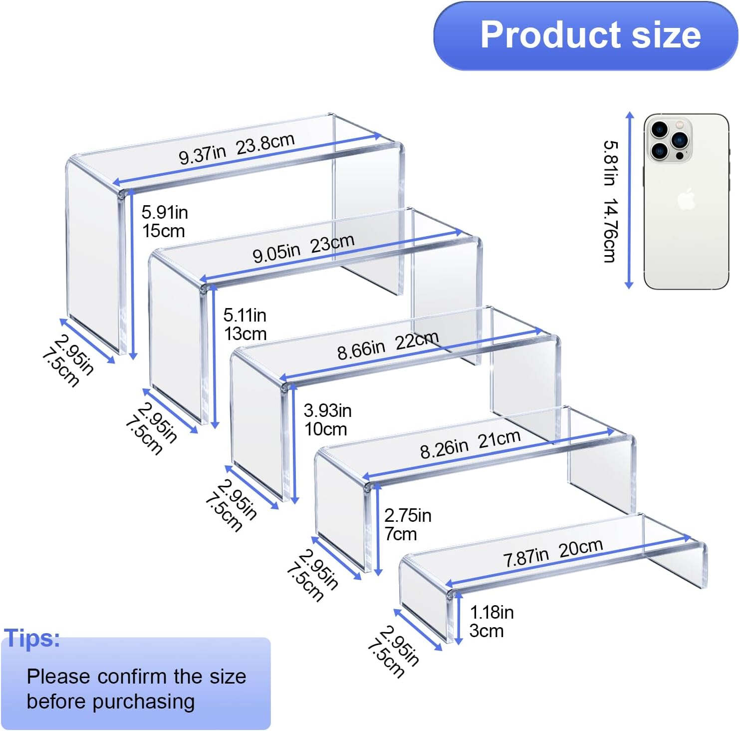 OVNTHYK Acrylic Risers 10 Pcs (2 Sets), Clear Display Stands, 5 Sizes | Tiered Display, Clear Acrylic Stands for