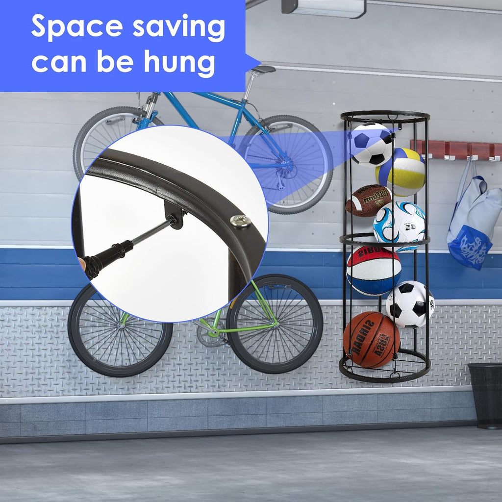 Garage Ball Storage Rack - Wall-Mounted Vertical Ball Holder for Basketball, Soccer, Volleyball, Football