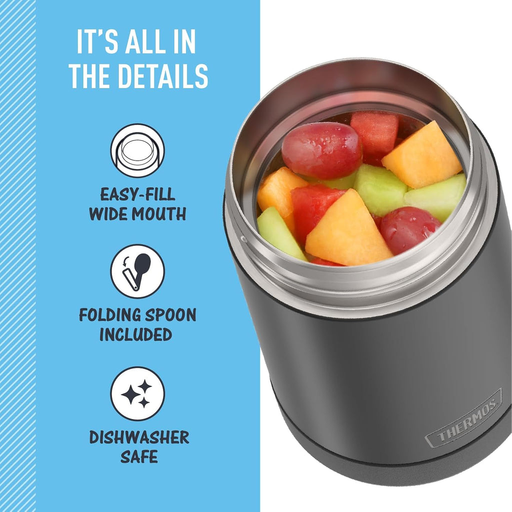 FUNTAINER Food Jar with Spoon, 16oz, Matte Charcoal | Kid-Friendly Stainless Steel Insulated Food Container, Keeps