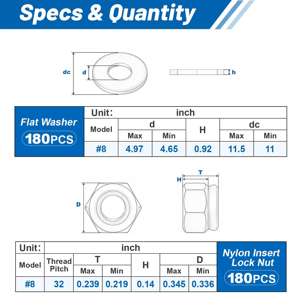 DFDU #8-32 Lock Nut 360Pcs Stainless Steel Nylock Locking Nuts with Washers