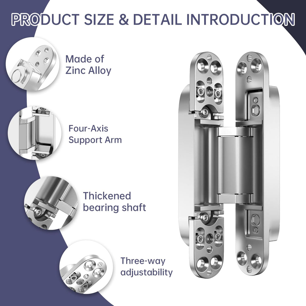 2PCS 7'' Invisible Concealed Door Hinges 180 Degree Swing Hinge (Silver)