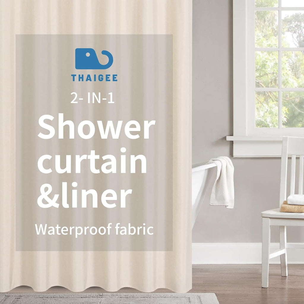 Waterproof Fabric Shower Curtain,No Liner Needed,72x72,Cream | 2-in-1 Design,Linen Textured,100% Waterproof