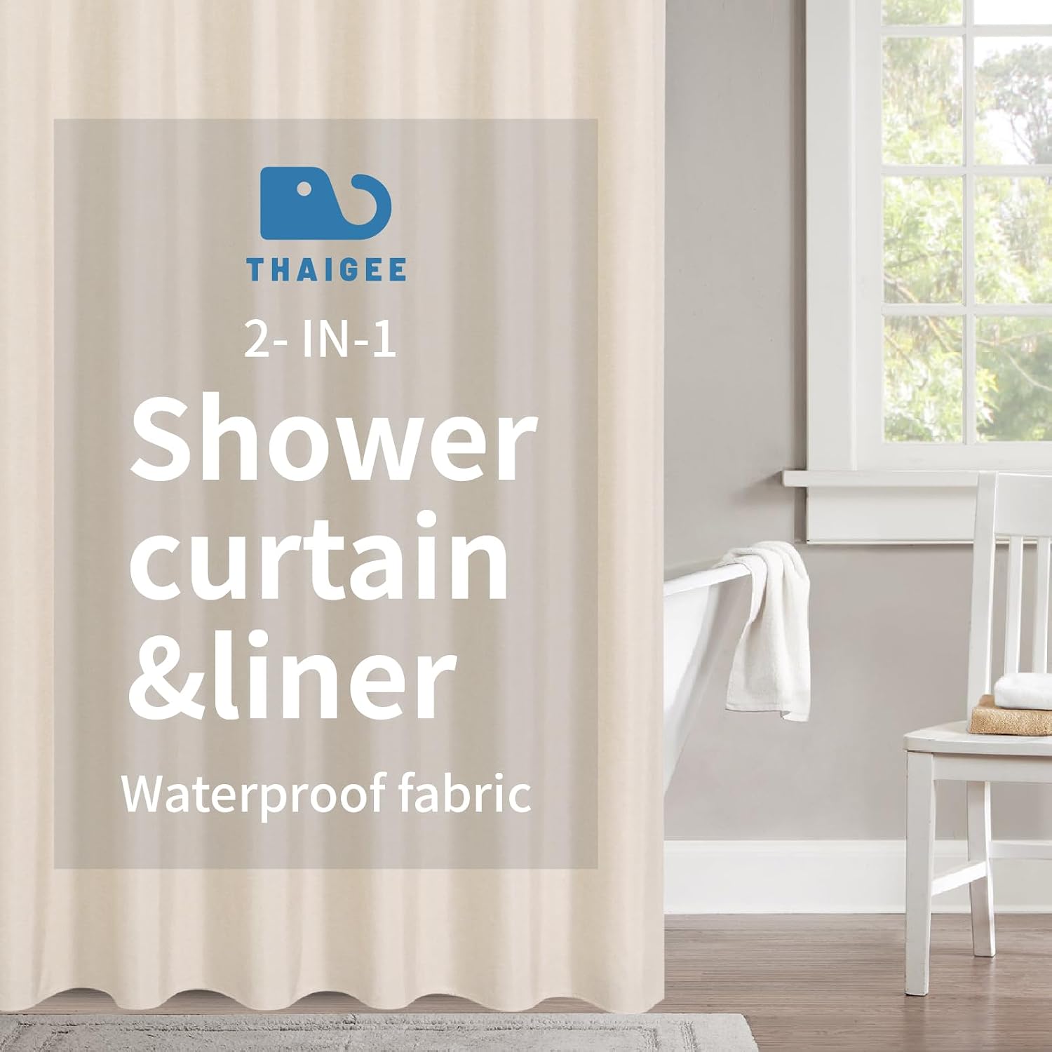 Waterproof Fabric Shower Curtain,No Liner Needed,72x72,Cream | 2-in-1 Design,Linen Textured,100% Waterproof