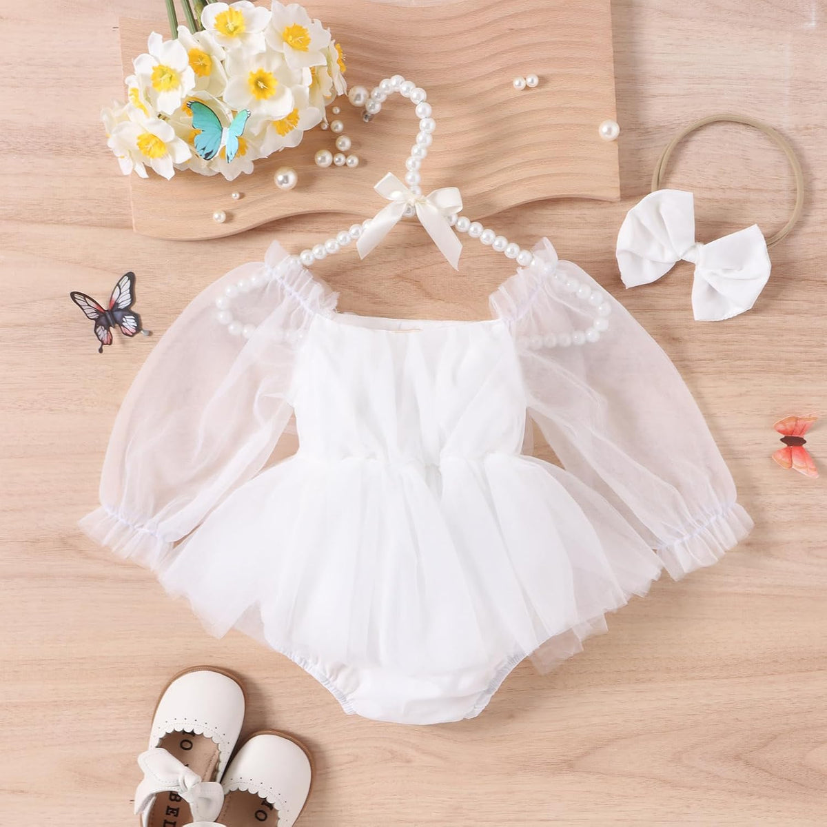 Newborn Baby Girl Romper Dress Flower Embroidery Tutu Princess Long Sleeve One-Piece Bodysuit Cake Smash Outfit