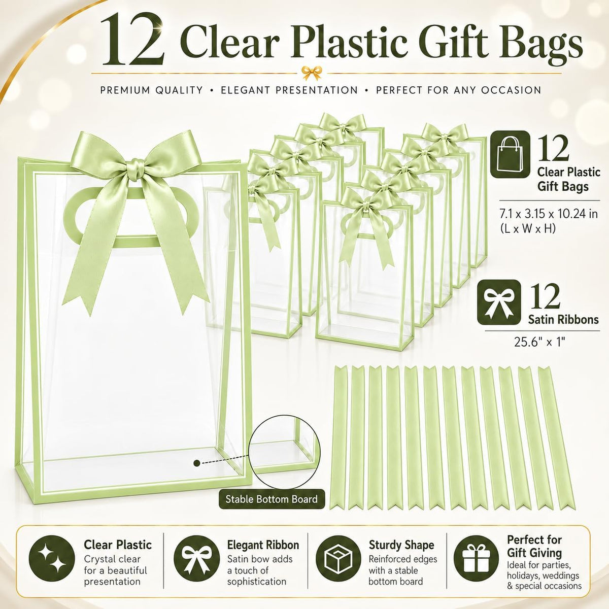 12 Pack Clear Gift Bags with Handles, Sage Green