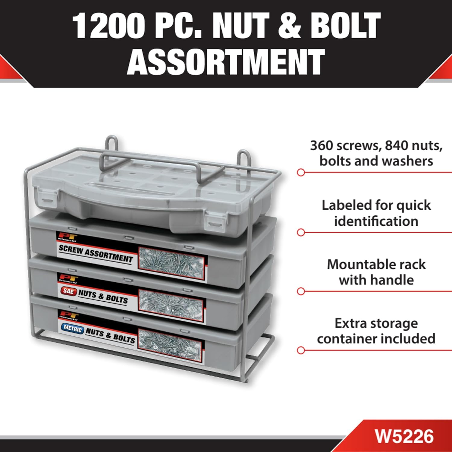 W5226 SEA/Metric Nut and Bolt Assortment with Case, 1,200 pieces