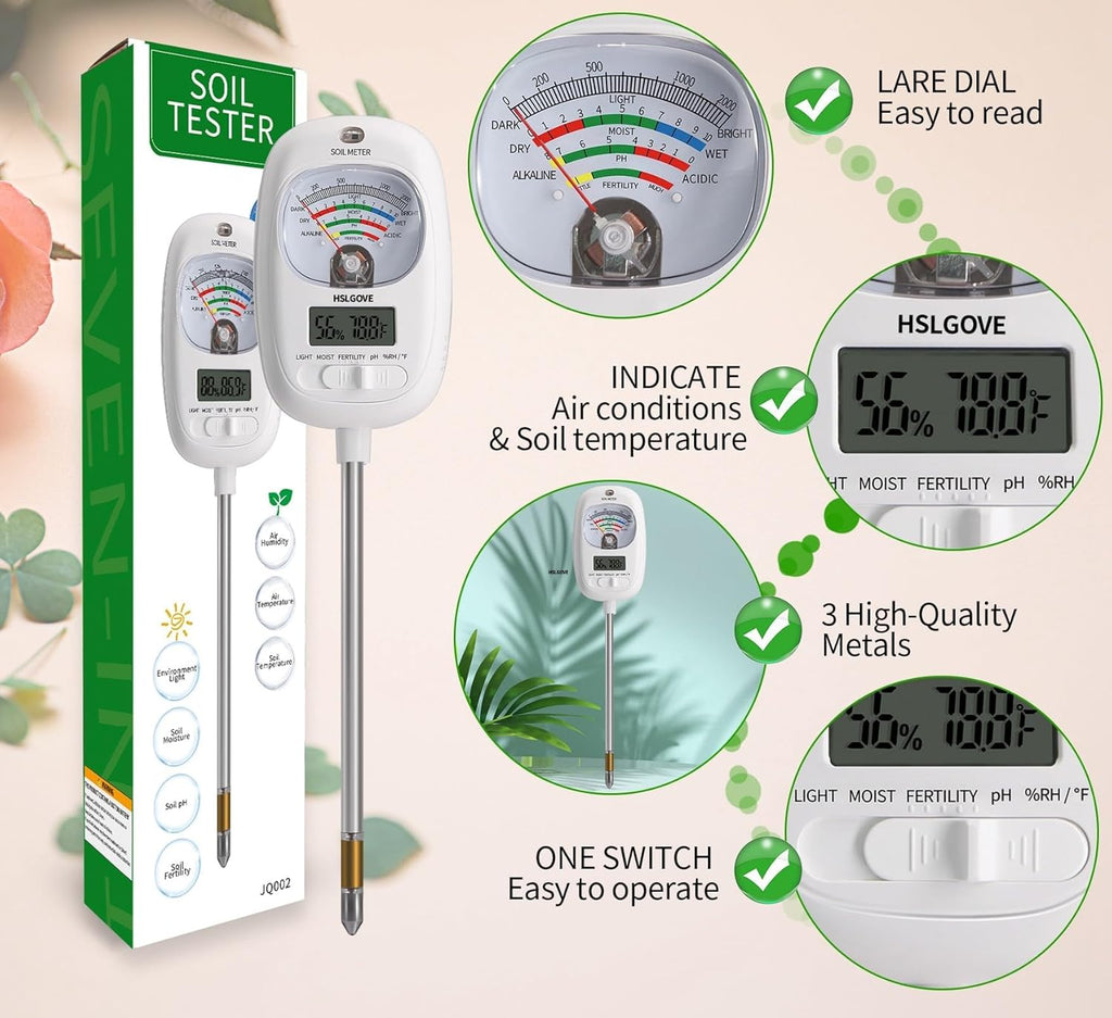 Soil Test Kit, 7-in-One Soil Moisture Meter/Soil PH Meter/Fertility, Dual Screen Soil Tester w/Digital Soil Temp/Air