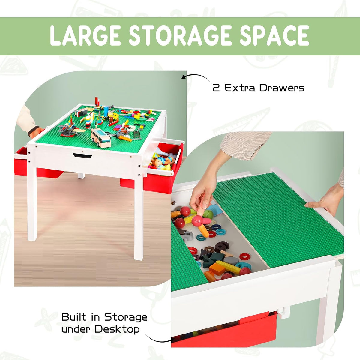 2-in-1 Kids Building Table with Storage, Wood Play Table