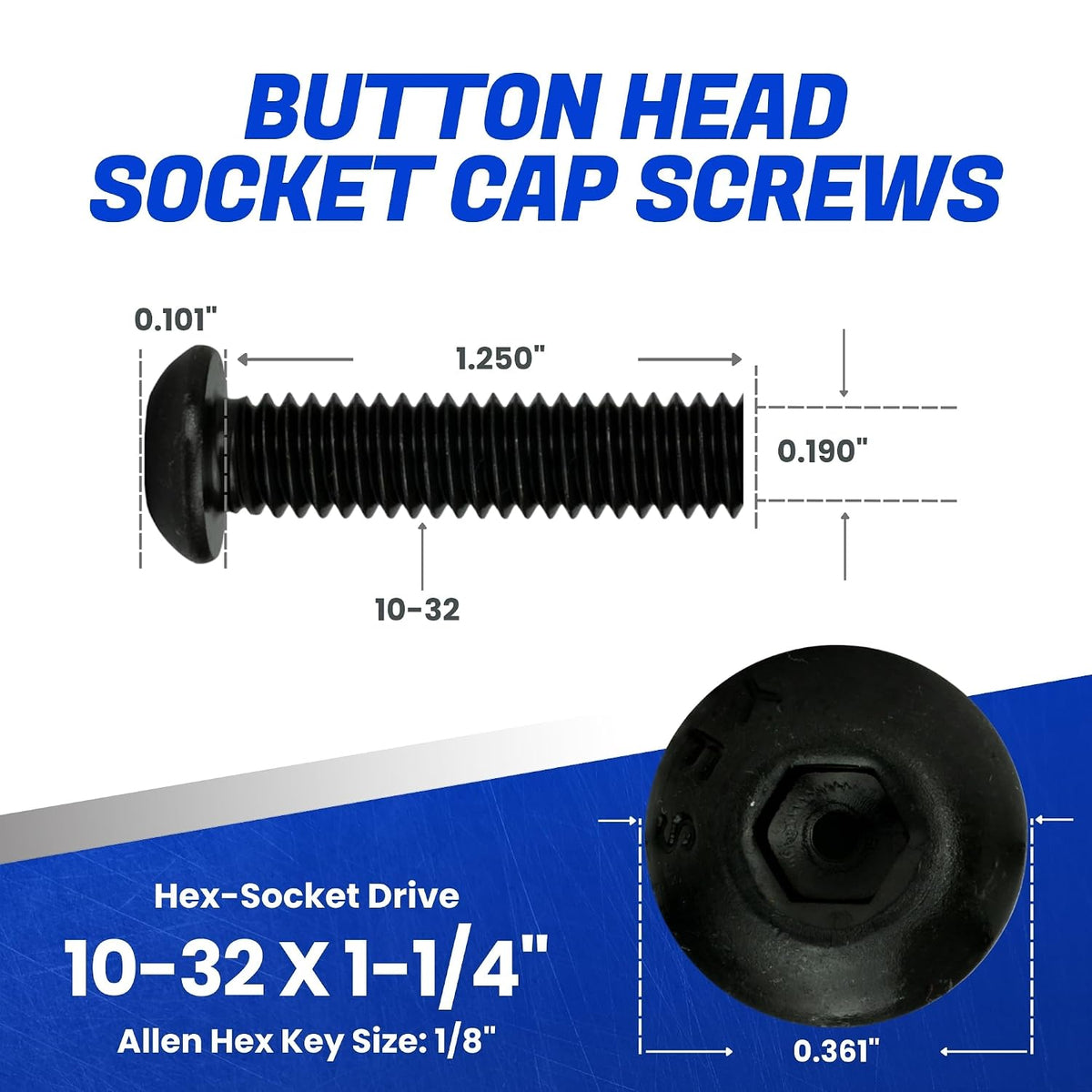 Fastenere Button Head Socket Cap Screws - 10-32 x 1-1/4" (50-Pcs) Alloy Steel, Fully Threaded, Fine Black Oxide Finish, Corrosion-Resistant, Machine Thread, Easy to Install w/Allen Hex Drive