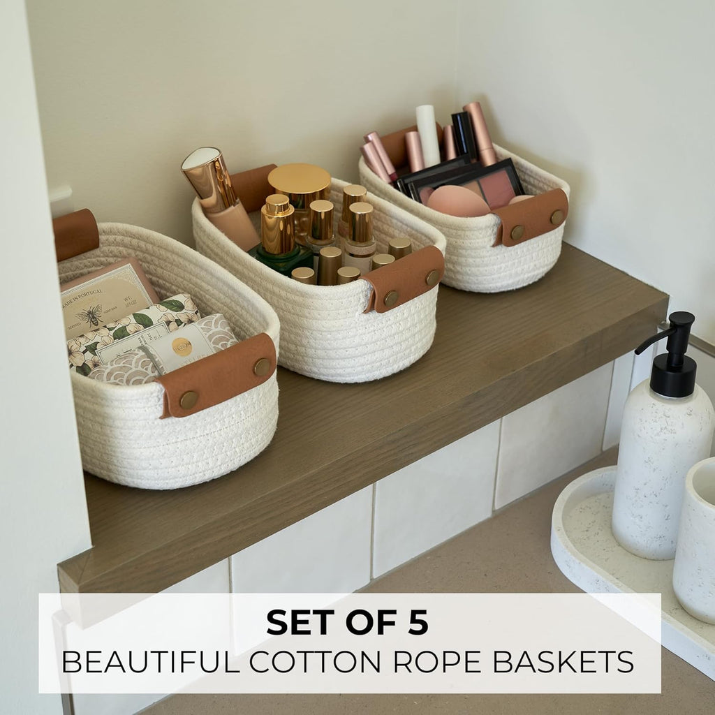 Beautiful Storage Basket Set of 5 - Sturdy Cotton Rope Baskets for Shelves Are Perfect for Organizing Your Home