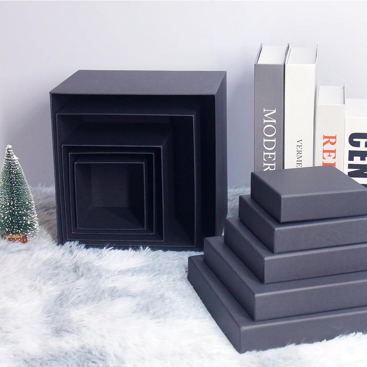 Black Gift Boxes for Presents -Nesting Set of 5 Square Gift Boxes with Lids in Assorted Sizes - Sturdy Gift Wrap