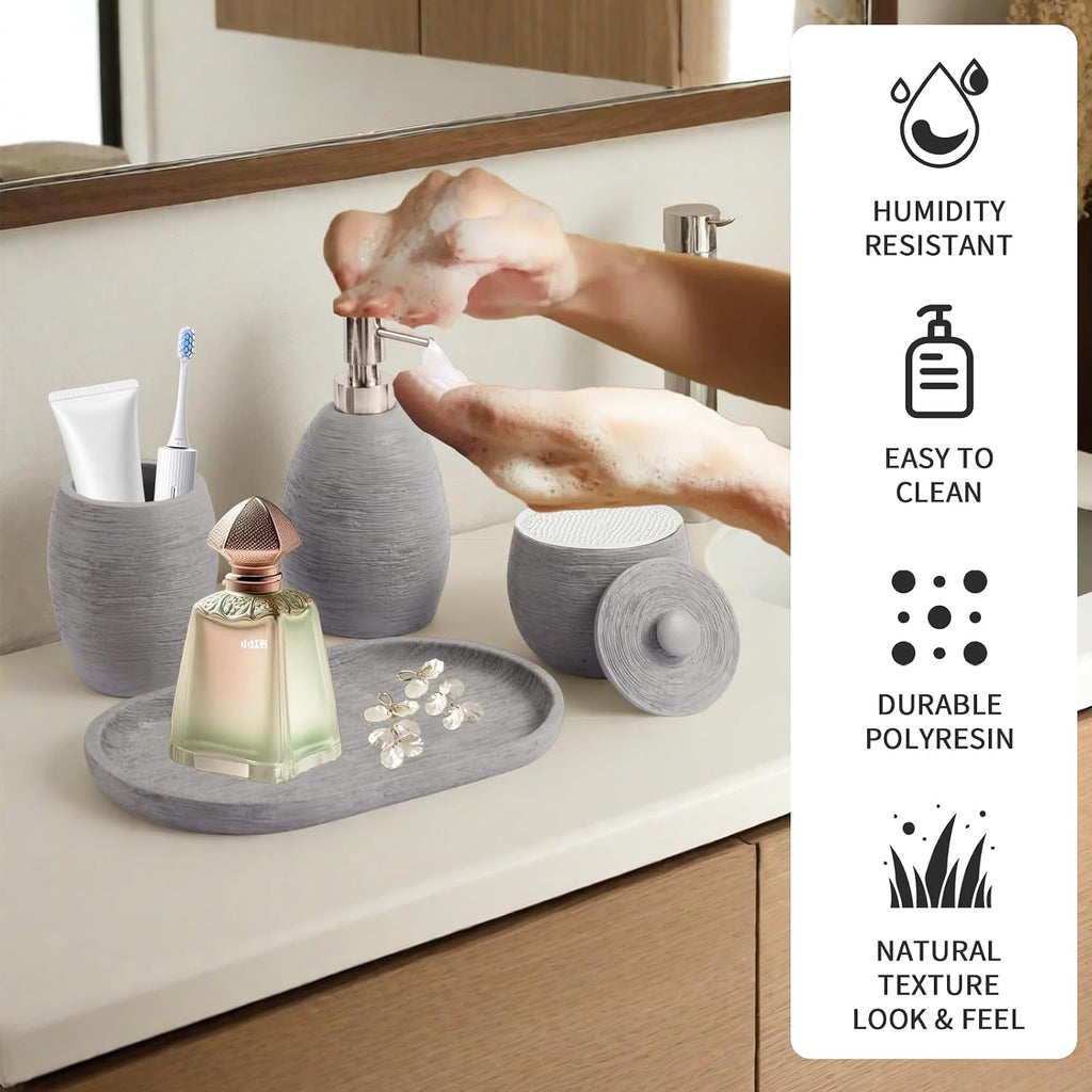 Modern Grey Bathroom Accessory Set,4 Pcs Luxury Bathroom Set | Resin Material,Includes Lotion Dispenser,Cotton Swab