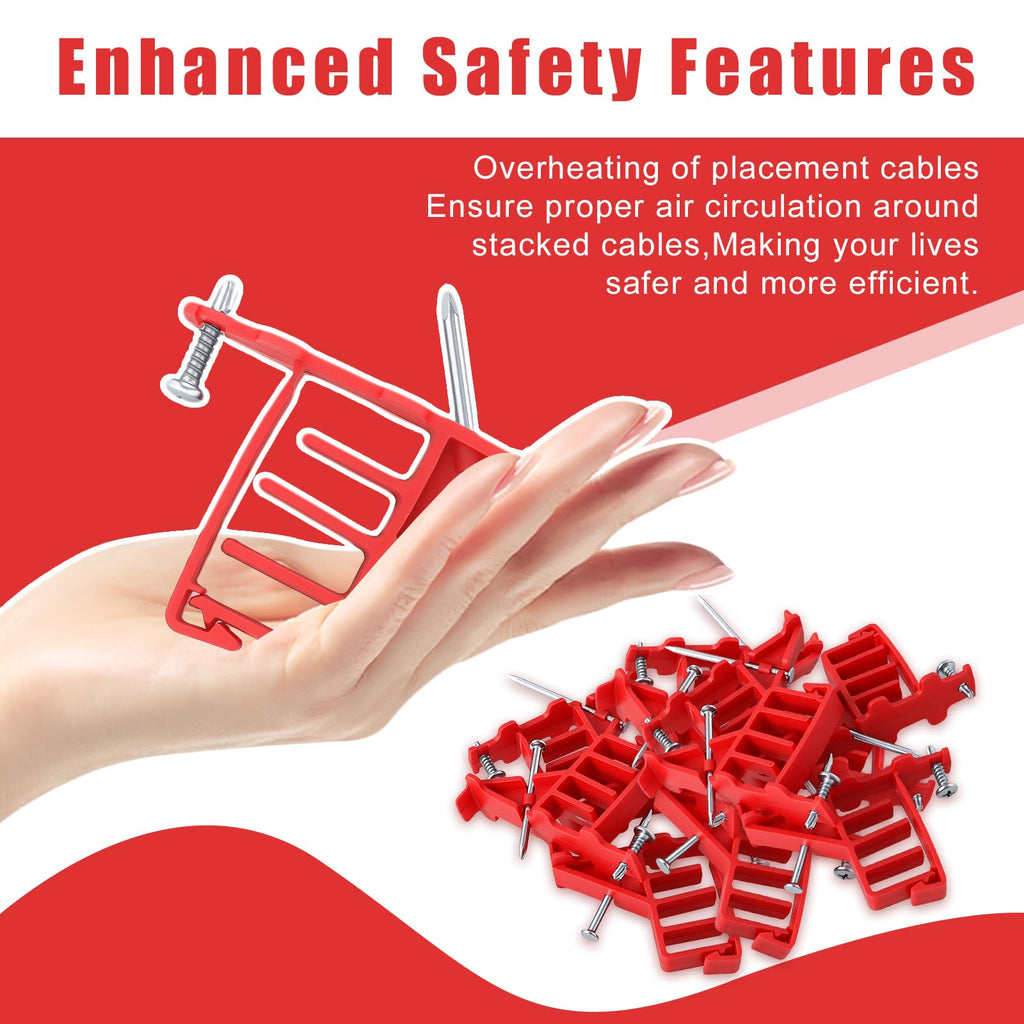 100 Pack Multi-Cable Staples with Steel Nails, Red Cable Stackers