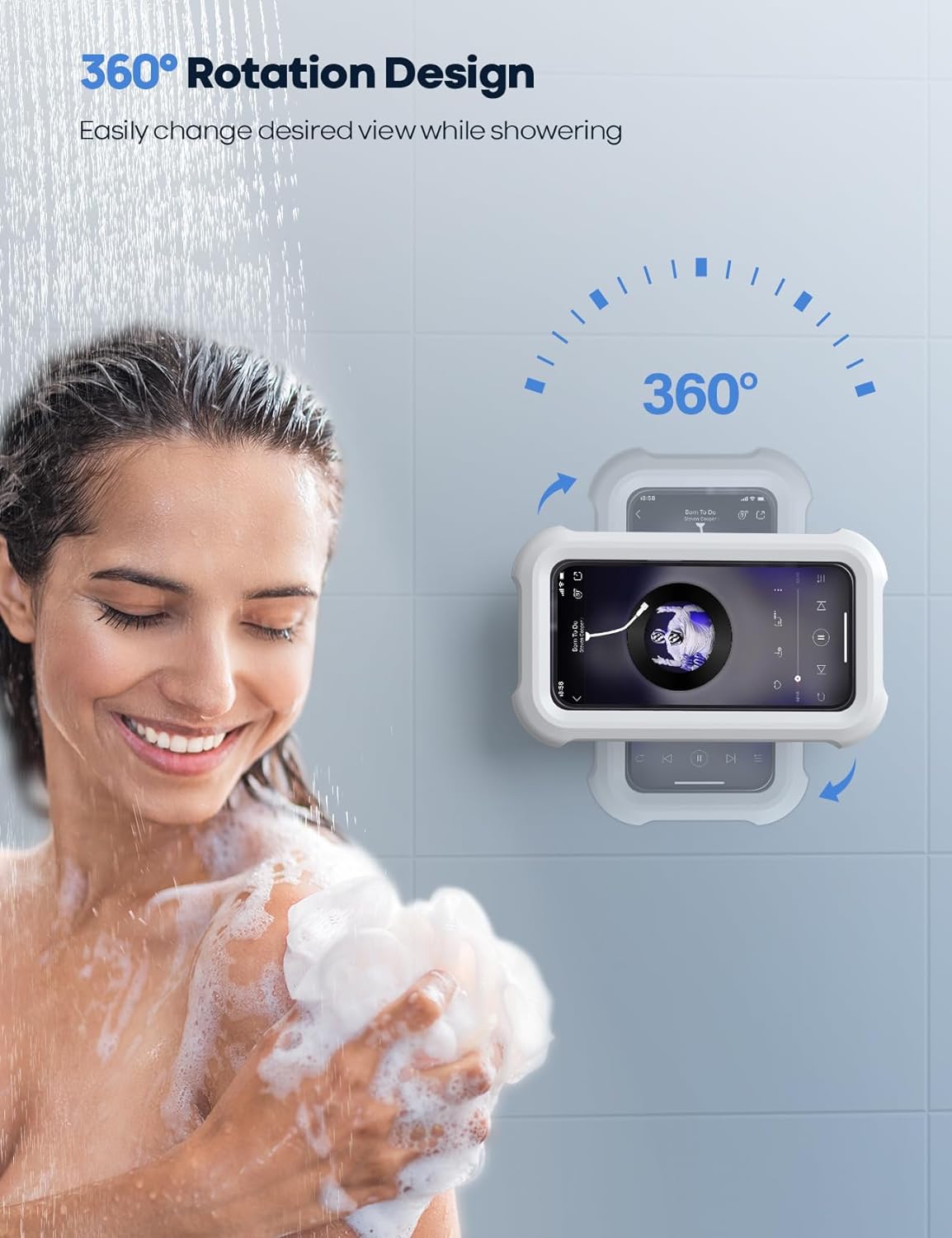 Shower Phone Holder Waterproof - 480° Rotatable Retractable Adjustable Shower iPhone Case Holder, Bathroom Wall Phone