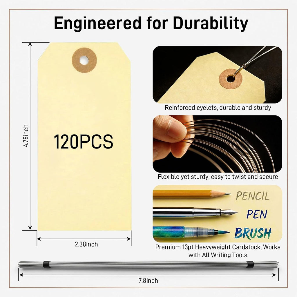 120PCS Manila Tags with Wire, 4 3/4" x 2 3/8" Shipping Labels