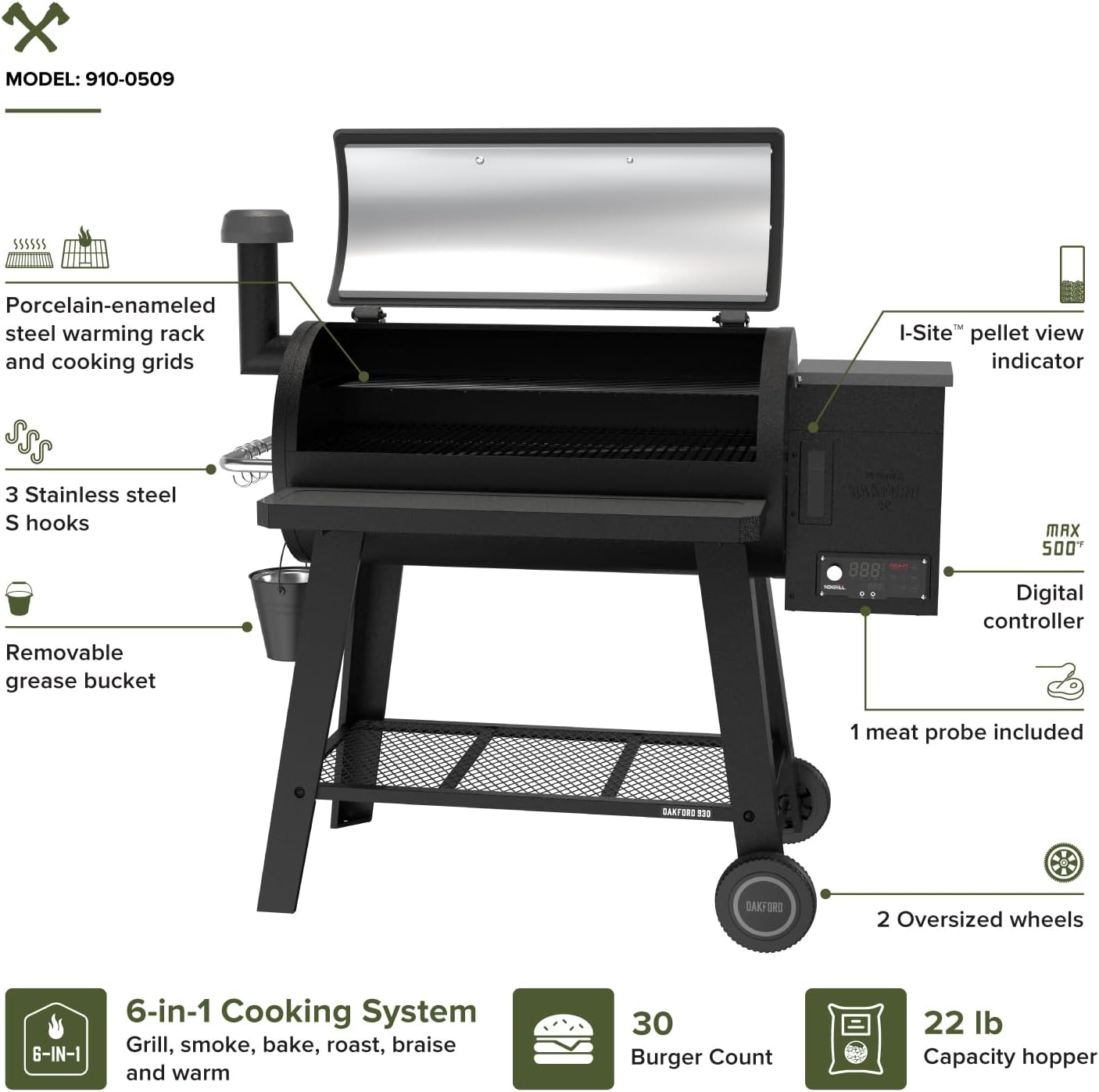 Oakford 930 Wood Pellet Smoker Grill with I-Site View Indicator & Smart App