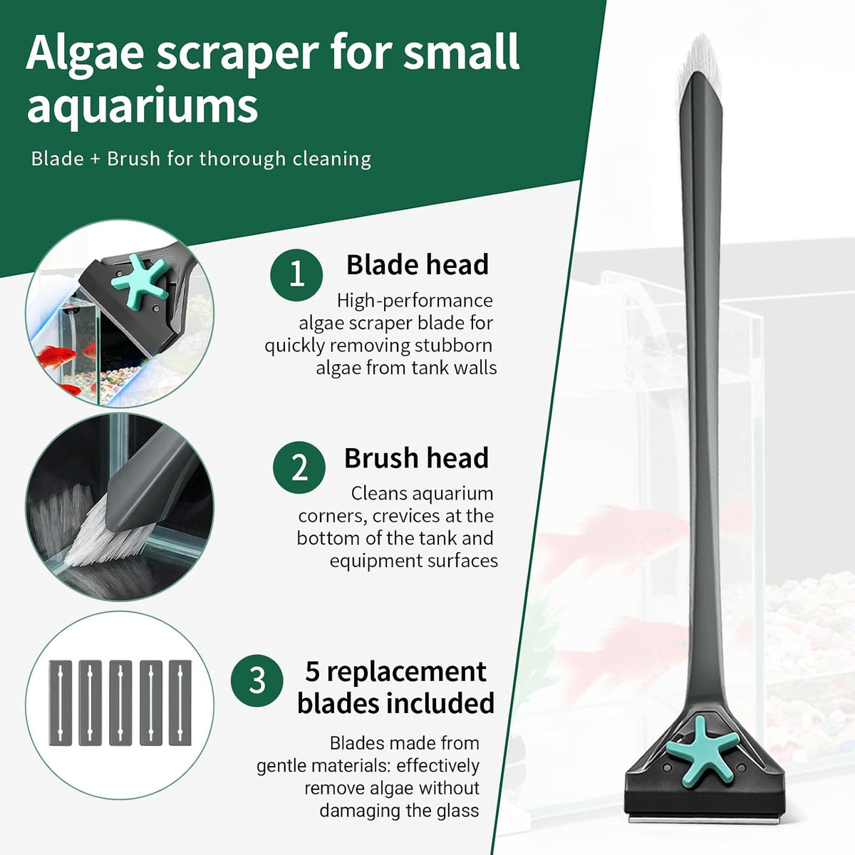 Aquarium Algae Scraper with Dual Head Design for Small Tanks