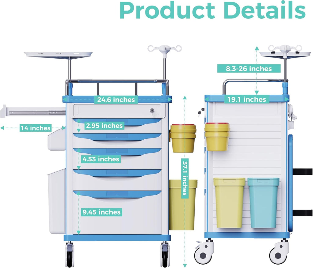 Medical Rolling Crash Cart with Wheels-CPR Board, IV Pole | O2 Holder, Trash Bin, Silent Casters,Drawers with