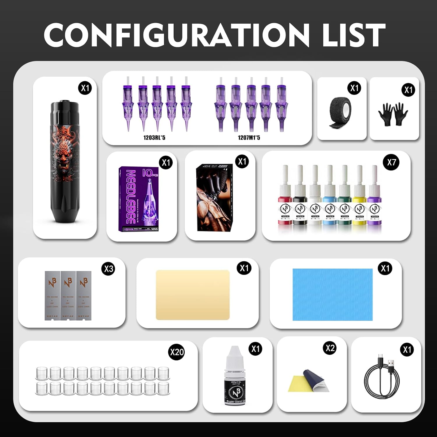 Tattoo Kit Tattoo Gun Kit Wireless Tattoo Machine Kit with Power Supply and Tattoo Cartridge Needles, Tattoo Supplies