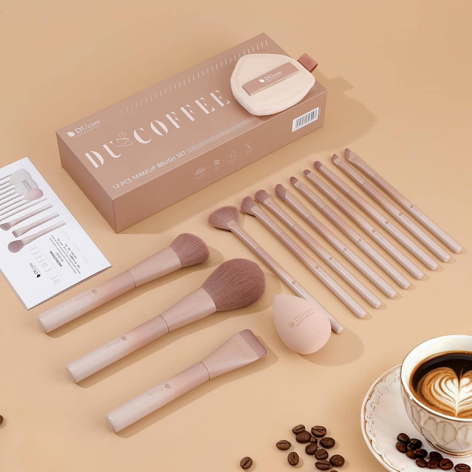 14pcs Makeup Gift Set,12Pcs Coffee Series Makeup Brush set with 2pcs Makeup Sponges Foundation Blending Face Powder