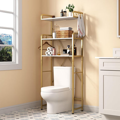 Over The Toilet Storage Rack with 3-Tier Shelves, Space Saver Toilet Shelf, Laundry Organizer with Hooks for Over