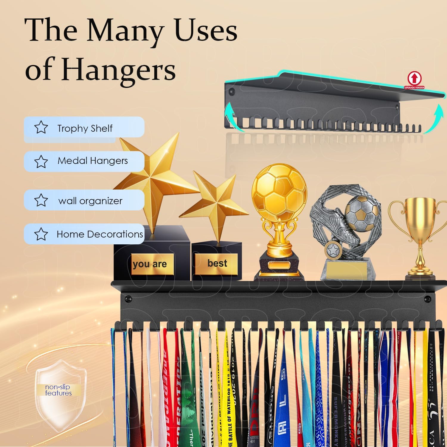 Metal Medal Hanger Display,Non-Slip Trophy Shelf with 20 Hooks,Wall Mount,Heavy Duty,Non-Bent,Holds 22-33lbs