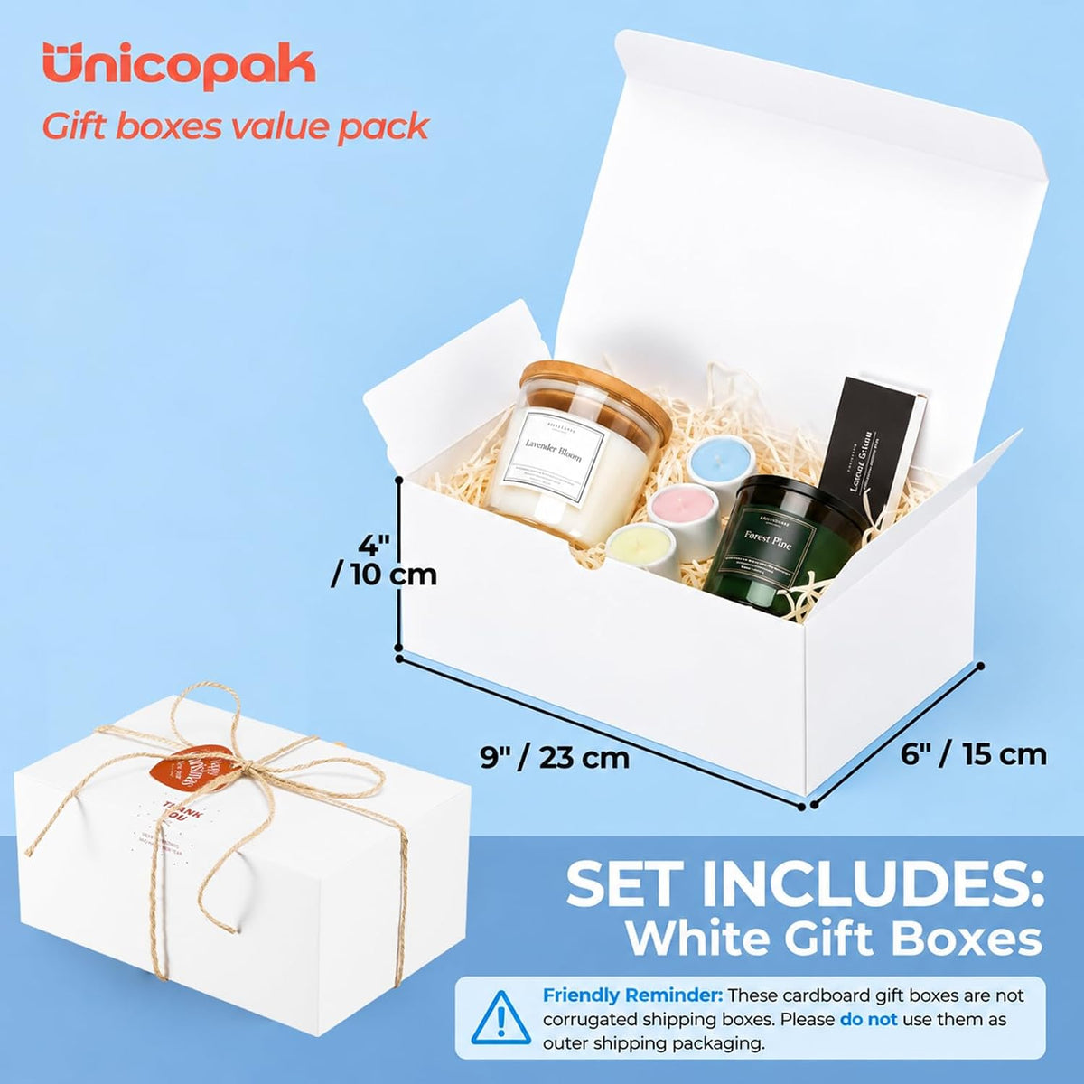 6 Pack 9x6x4 Inch Medium White Gift Boxes with Lids for Presents