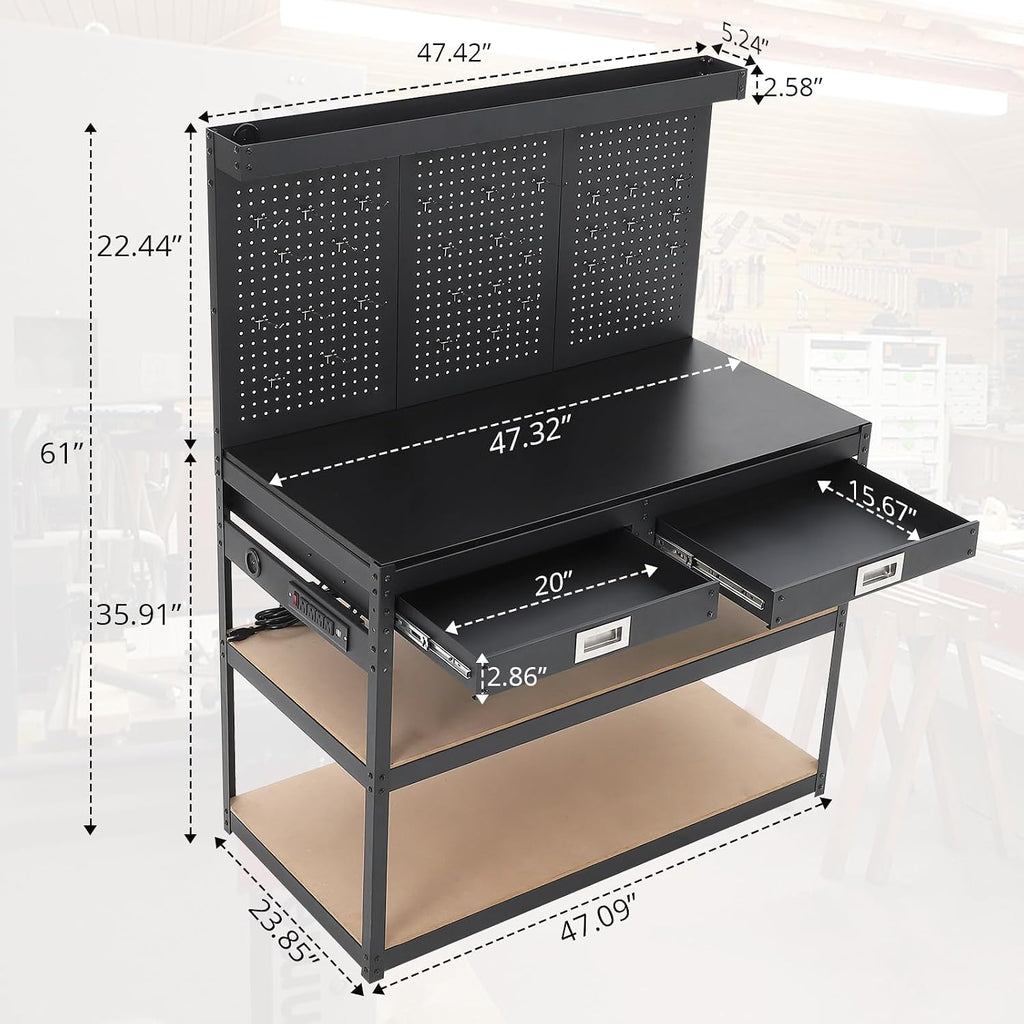 48" Heavy Duty Steel Garage Workbench with Pegboard & Storage, 2 Storage Shelves & 2 Drawers, 1000 LBS Load Capacity