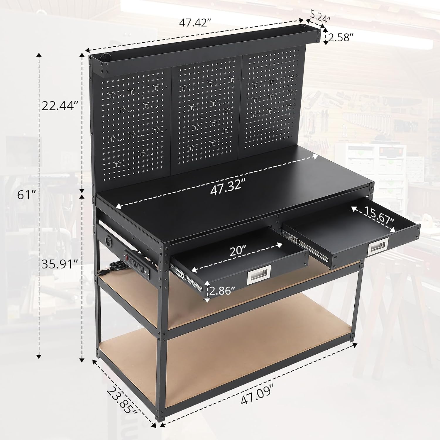 48" Heavy Duty Steel Garage Workbench with Pegboard & Storage, 2 Storage Shelves & 2 Drawers, 1000 LBS Load Capacity