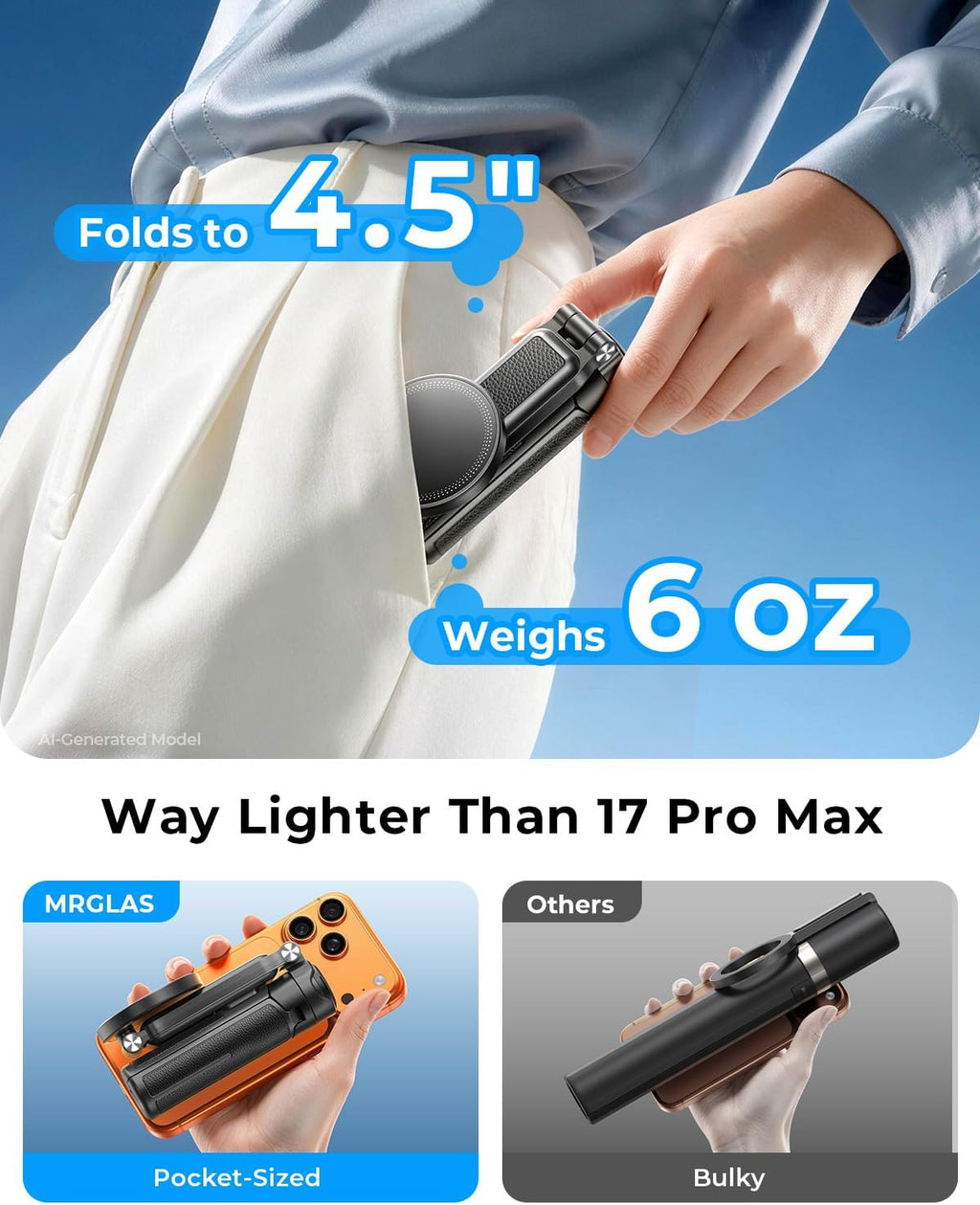 【Max 17"】 MRGLAS Magnetic Mini Tripod Selfie Stick for iPhone【4.5" Pocket】 | 【17" Max Extendable】4.5" Pocket Stand