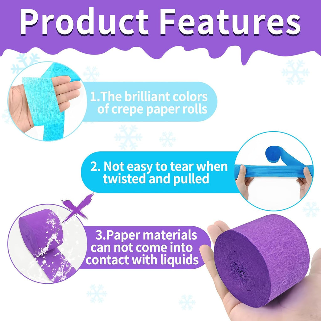 Frozen Birthday Party Decorations, 8 Rolls Purple Blue White Crepe Paper Streamers for Winter Princess Christmas